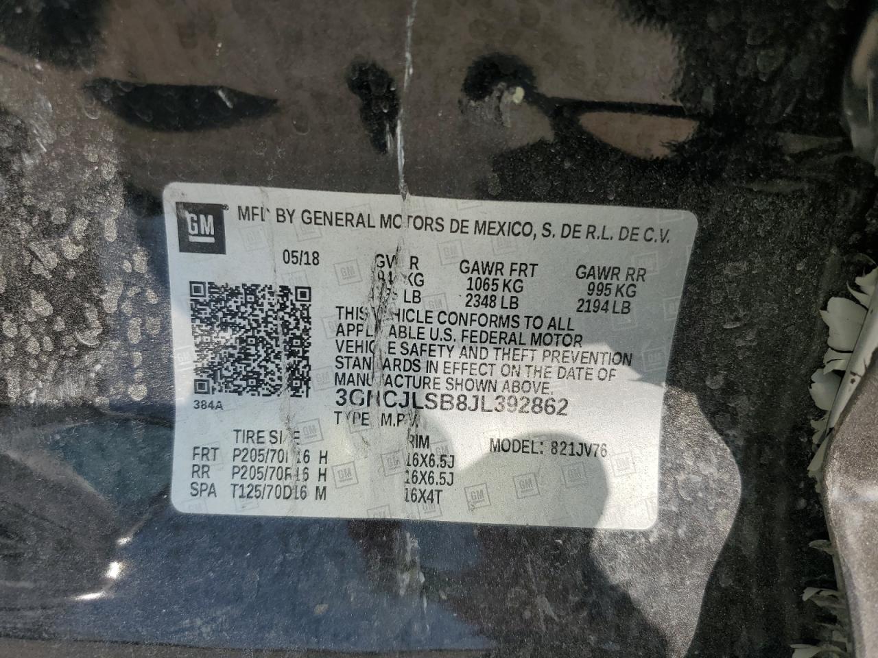 2018 Chevrolet Trax 1Lt VIN: 3GNCJLSB8JL392862 Lot: 81077175