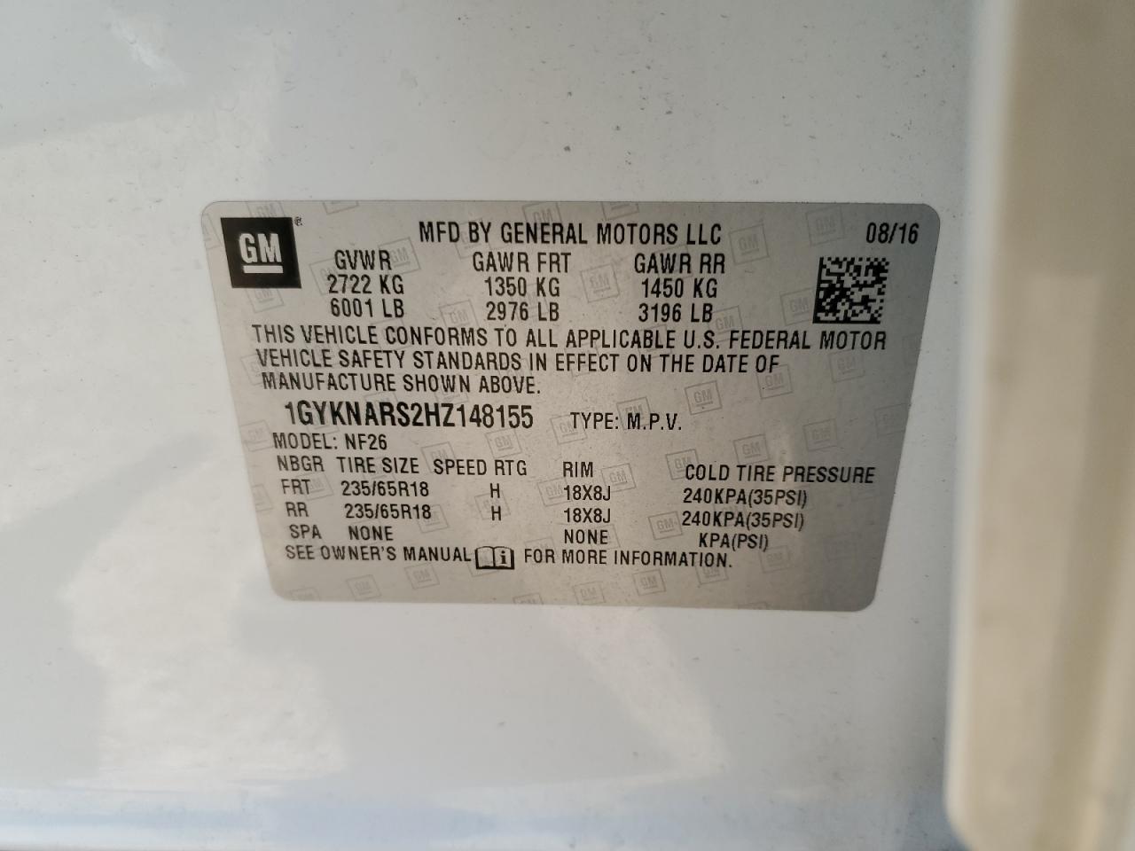 2017 Cadillac Xt5 VIN: 1GYKNARS2HZ148155 Lot: 80815975