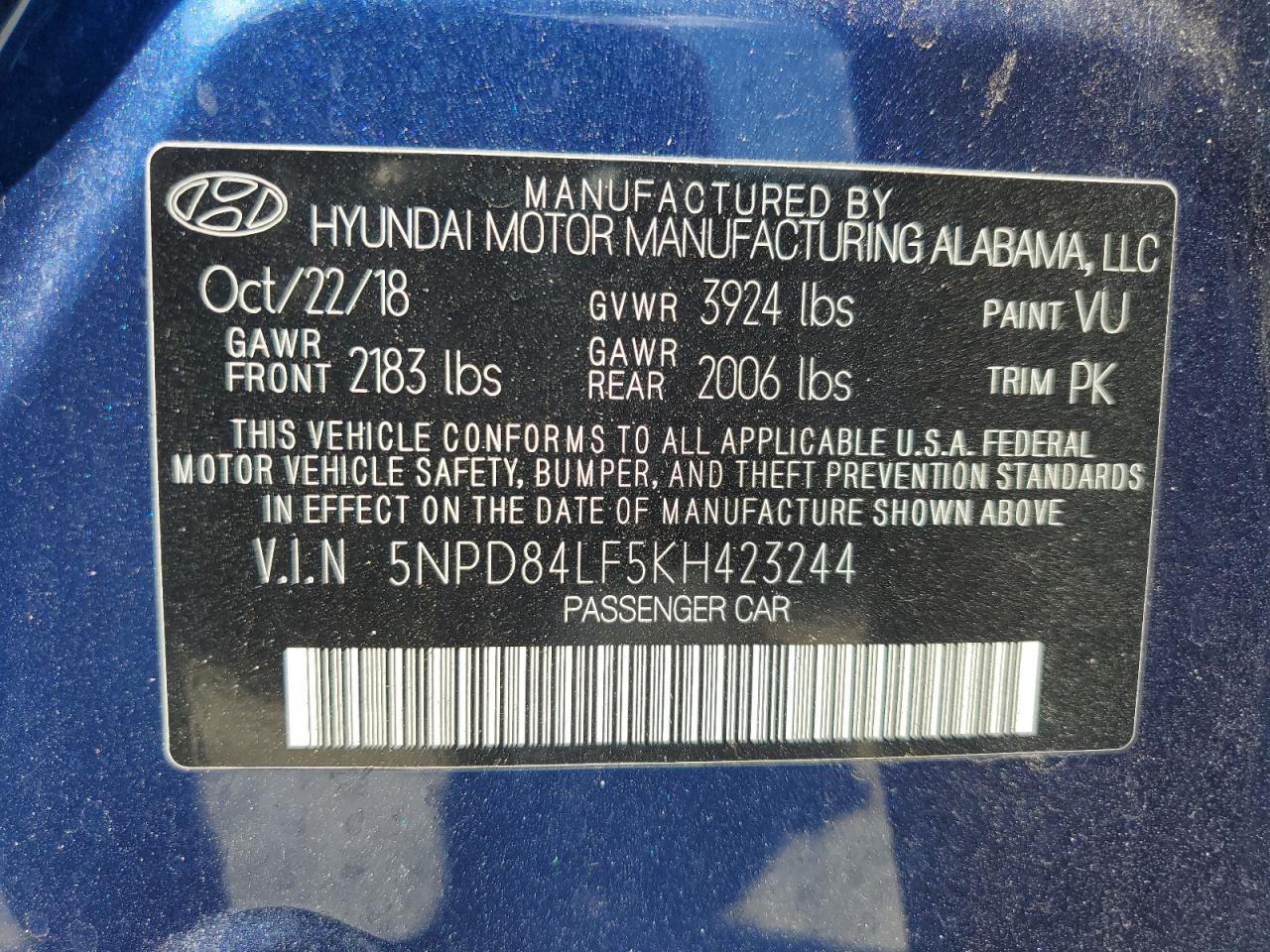 2019 Hyundai Elantra Sel VIN: 5NPD84LF5KH423244 Lot: 80289185