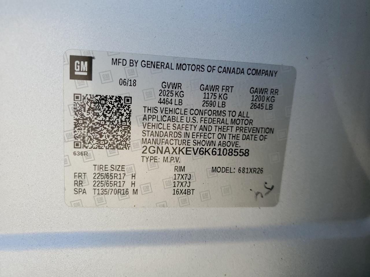 2019 Chevrolet Equinox Lt VIN: 2GNAXKEV6K6108558 Lot: 71244805