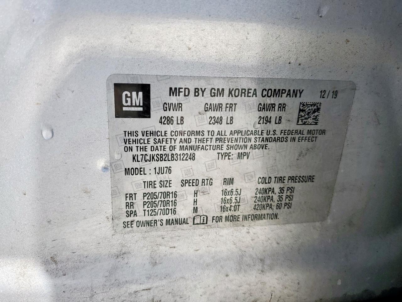 2020 Chevrolet Trax Ls VIN: KL7CJKSB2LB312248 Lot: 80016065