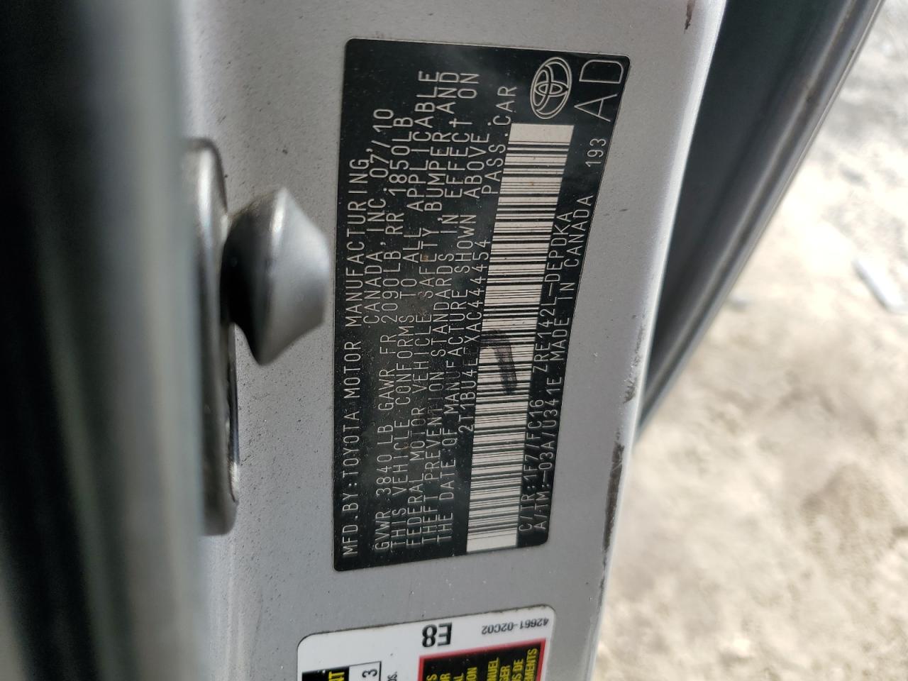 2010 Toyota Corolla Base VIN: 2T1BU4EEXAC444454 Lot: 80622165