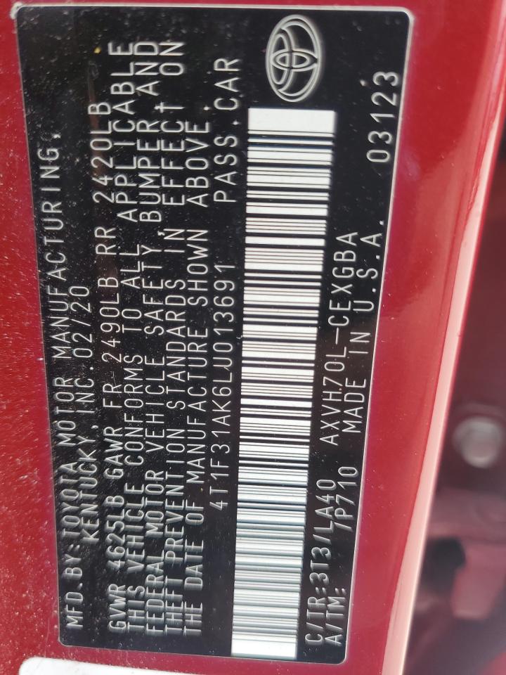 2020 Toyota Camry Xle VIN: 4T1F31AK6LU013691 Lot: 81921395