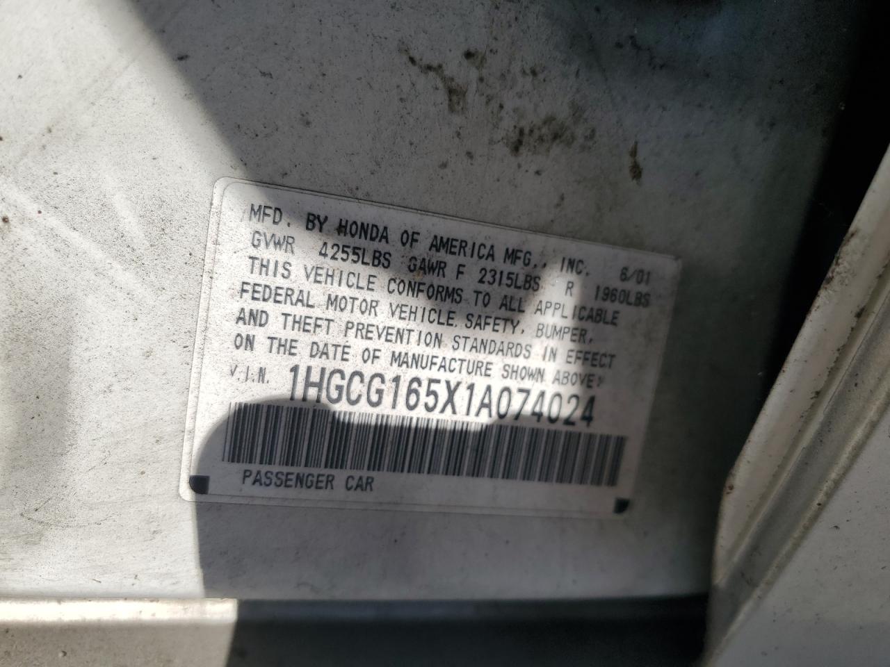 2001 Honda Accord Ex VIN: 1HGCG165X1A074024 Lot: 80136035