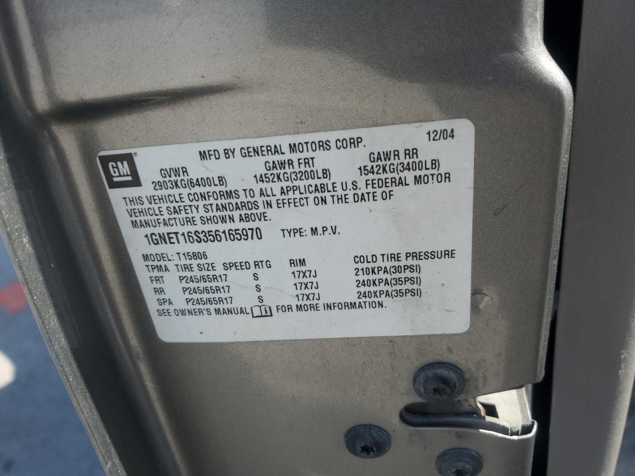 2005 Chevrolet Trailblazer Ext Ls VIN: 1GNET16S356165970 Lot: 81682655