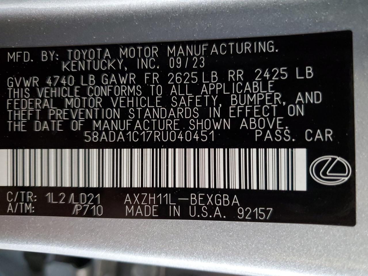 2024 Lexus Es 300H Base VIN: 58ADA1C17RU040451 Lot: 81733555