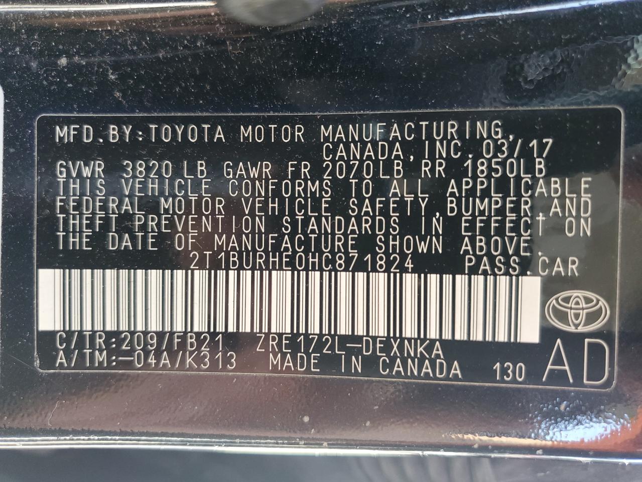 2017 Toyota Corolla L VIN: 2T1BURHE0HC871824 Lot: 81282265