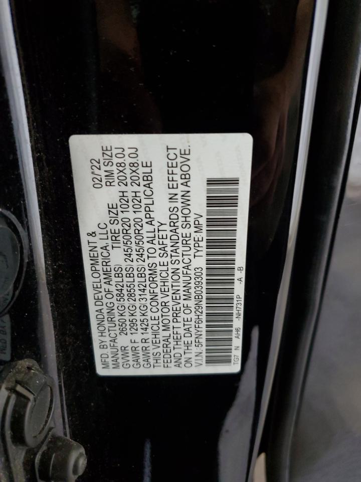 2022 Honda Pilot Se VIN: 5FNYF6H29NB039303 Lot: 84429685
