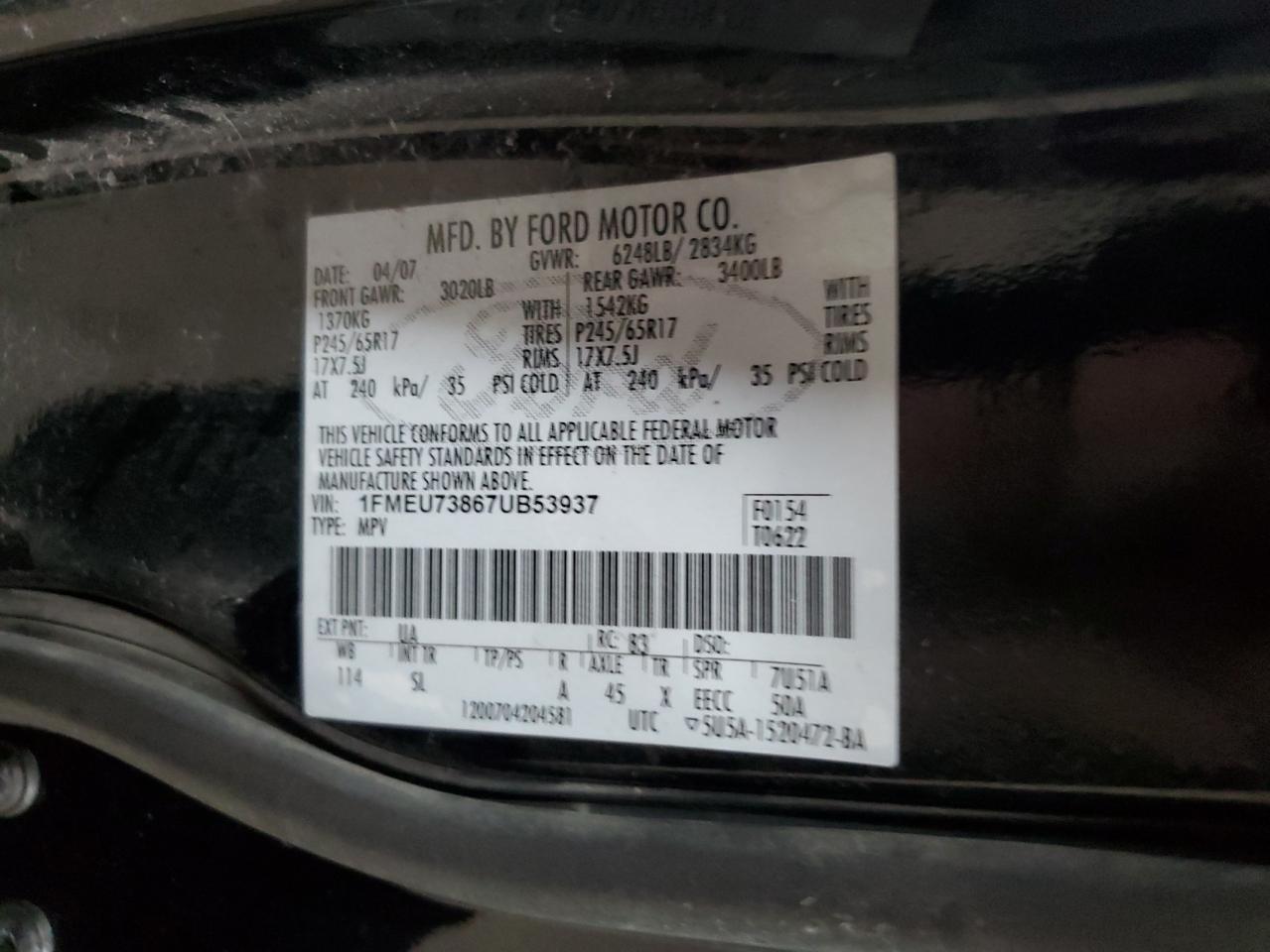 2007 Ford Explorer Xlt VIN: 1FMEU73867UB53937 Lot: 80503975