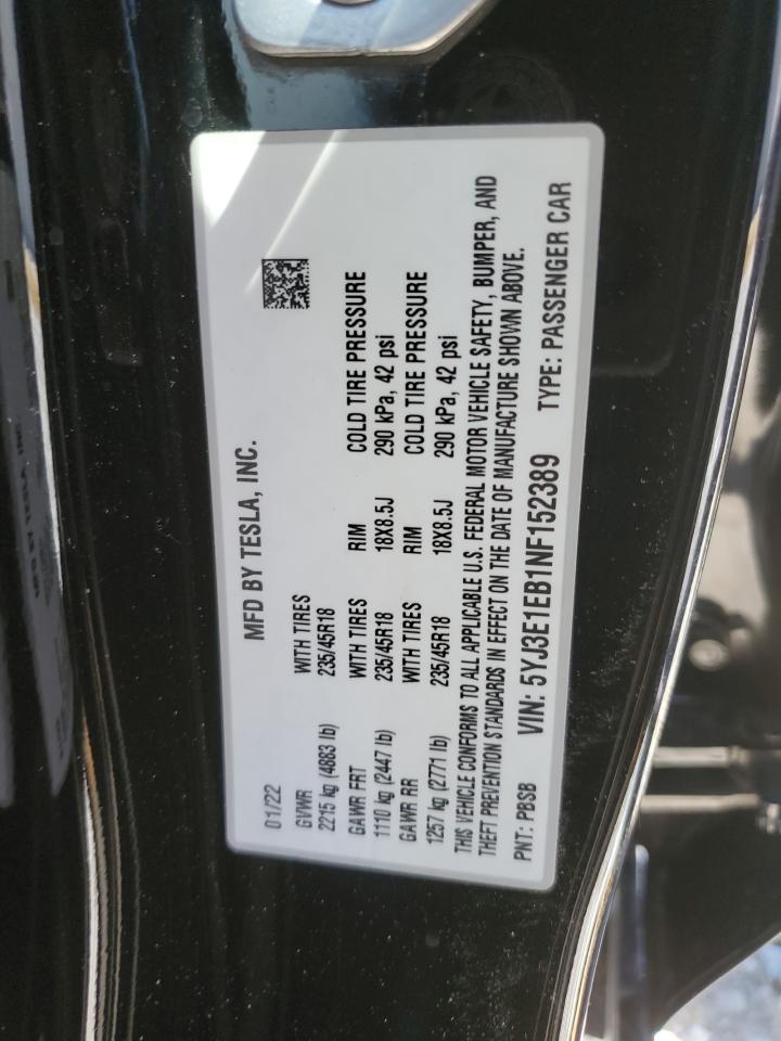 2022 Tesla Model 3 VIN: 5YJ3E1EB1NF152389 Lot: 81275425