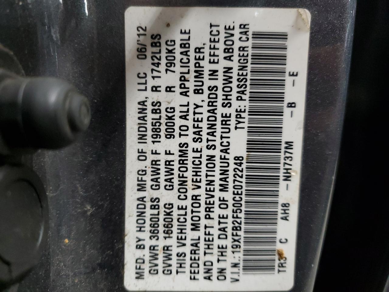 2012 Honda Civic Lx VIN: 19XFB2F50CE072248 Lot: 81662885