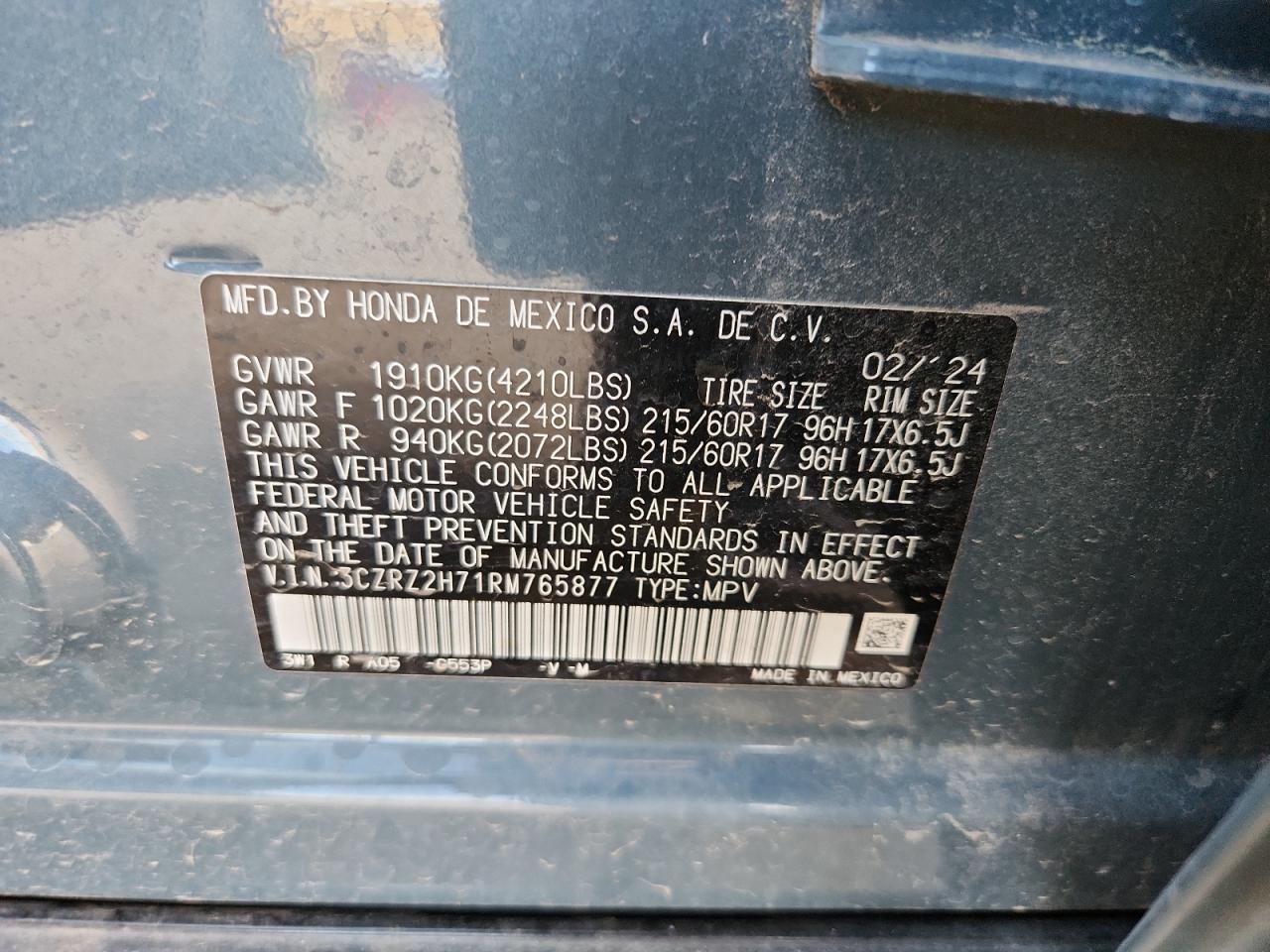 2024 Honda Hr-V Exl VIN: 3CZRZ2H71RM765877 Lot: 71435305