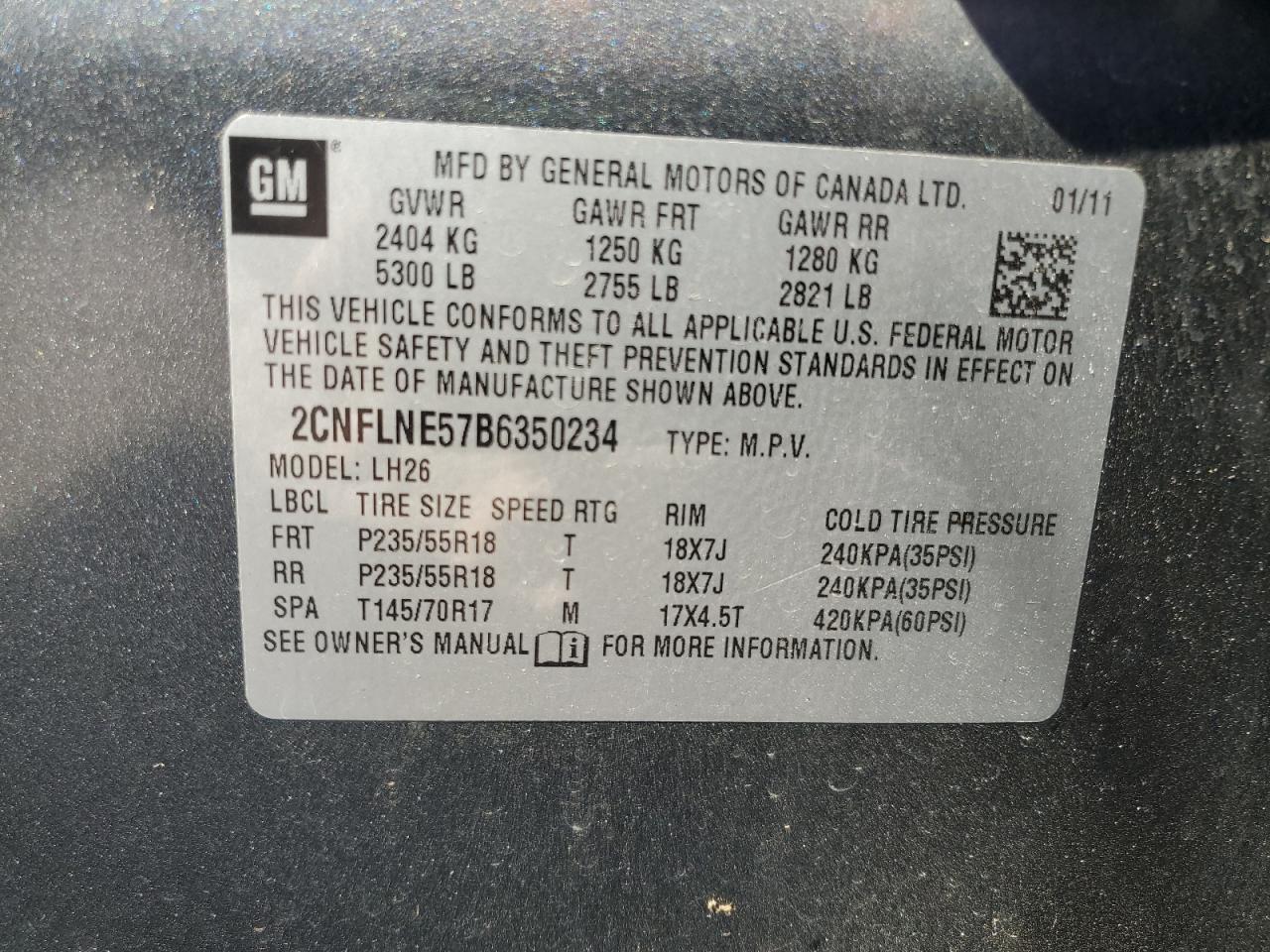 2011 Chevrolet Equinox Lt VIN: 2CNFLNE57B6350234 Lot: 81726135