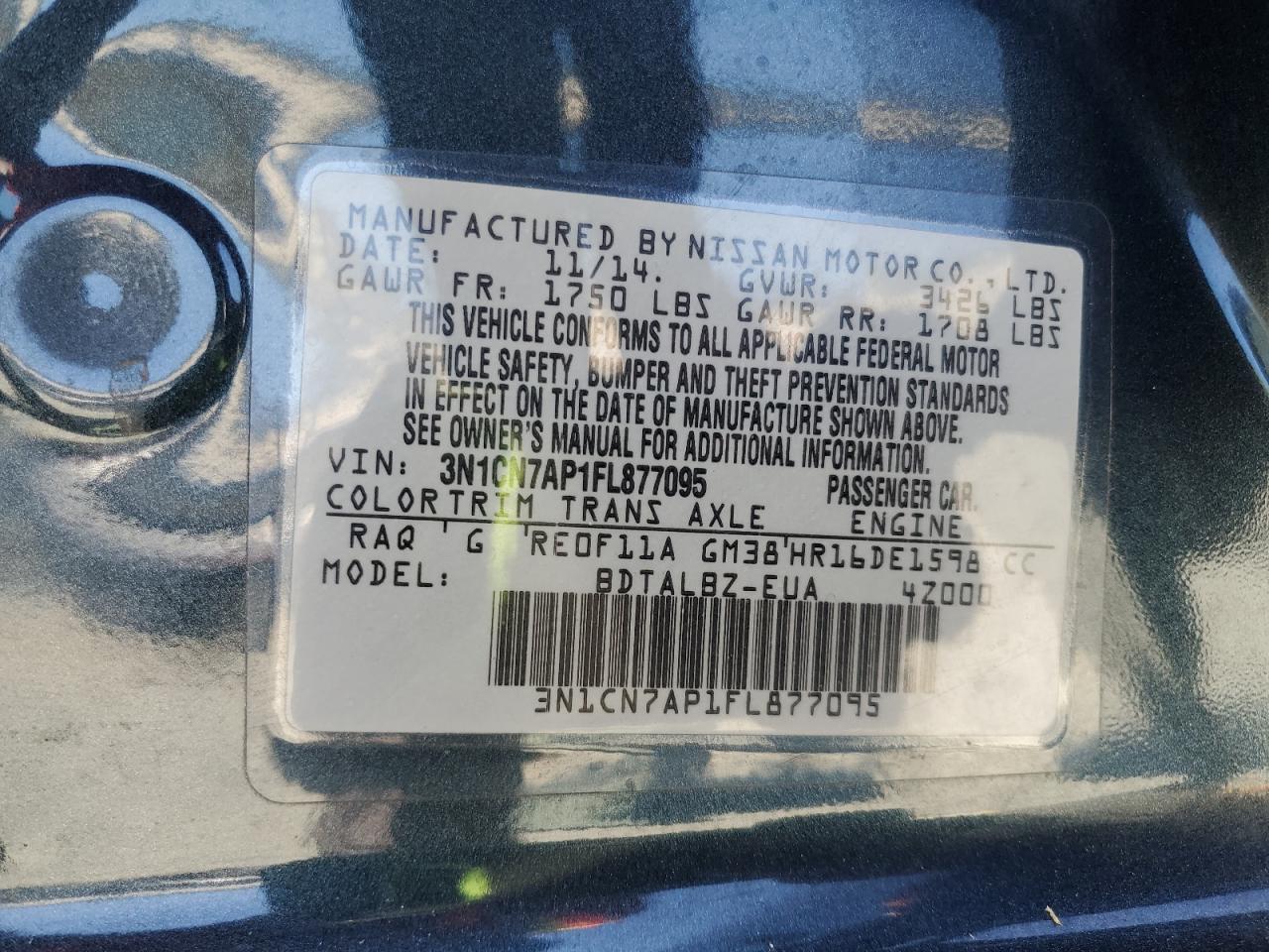 2015 Nissan Versa 1.6 Sv VIN: 3N1CN7AP1FL877095 Lot: 43437167