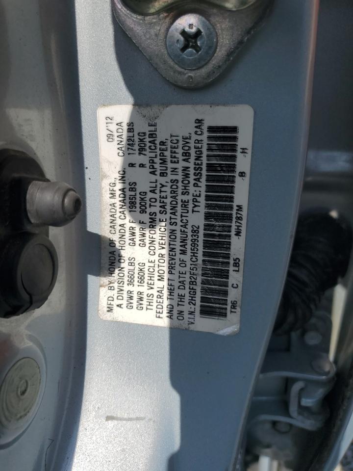 2012 Honda Civic Lx VIN: 2HGFB2F51CH599382 Lot: 82148285