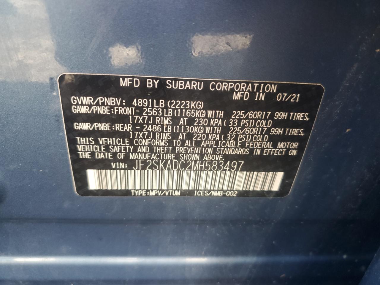 2021 Subaru Forester VIN: JF2SKADC2MH583497 Lot: 82125615