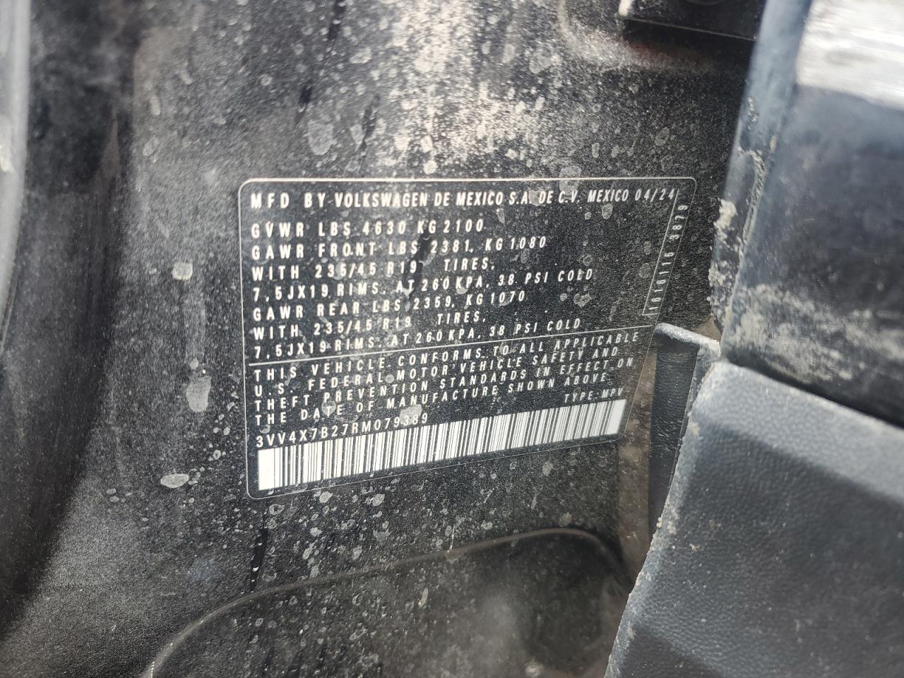 2024 Volkswagen Taos Sel VIN: 3VV4X7B27RM079389 Lot: 84213255