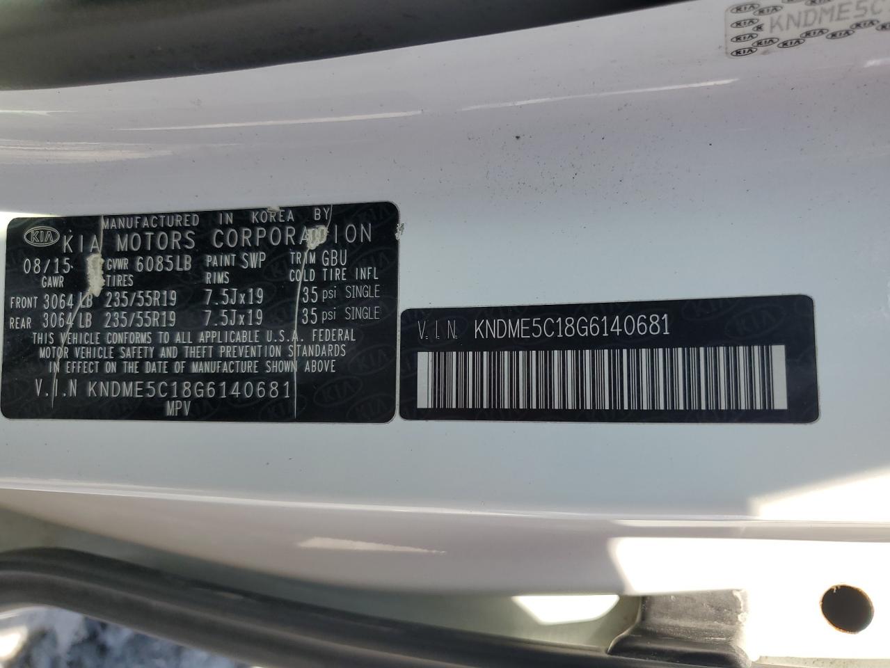 2016 Kia Sedona Sxl VIN: KNDME5C18G6140681 Lot: 84643235