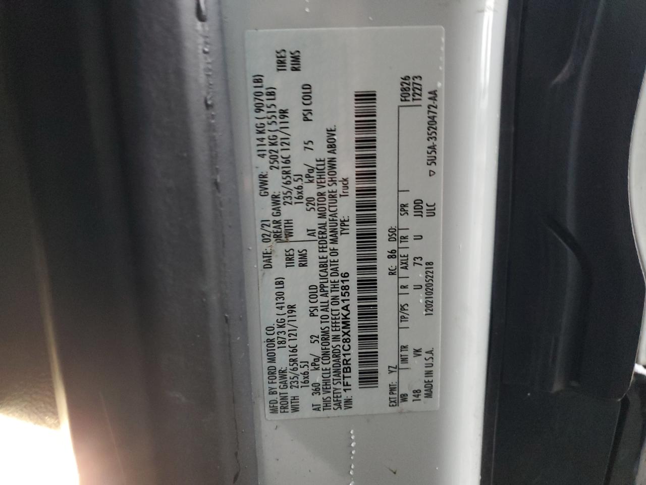 2021 Ford Transit T-250 VIN: 1FTBR1C8XMKA15816 Lot: 80287255