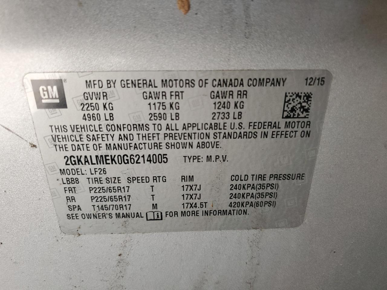 2016 GMC Terrain Sle VIN: 2GKALMEK0G6214005 Lot: 80642955