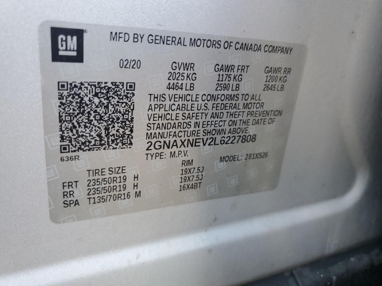 2020 Chevrolet Equinox Premier VIN: 2GNAXNEV2L6227808 Lot: 81941625