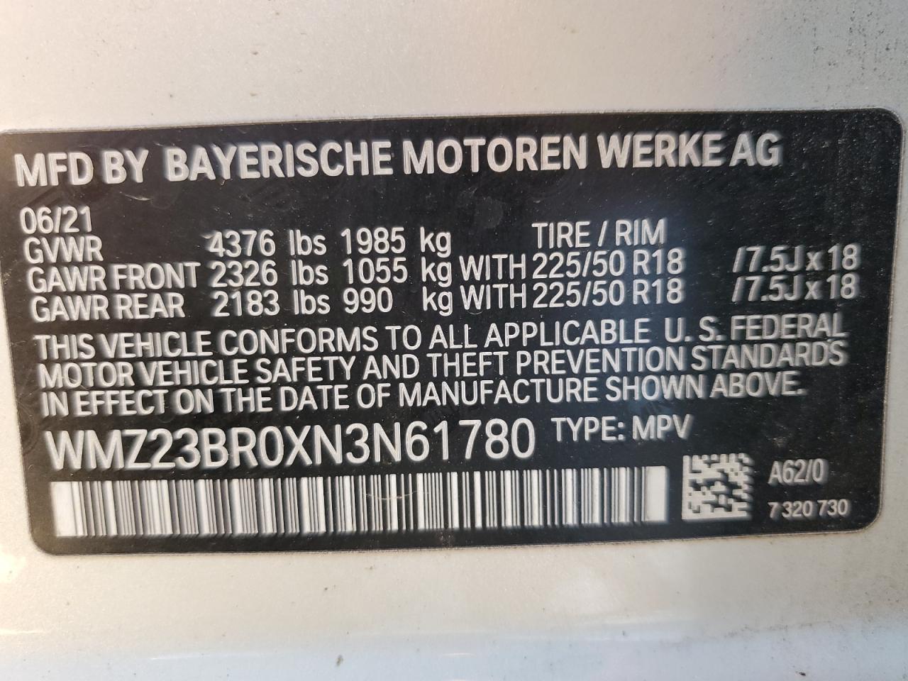 2022 Mini Cooper Countryman VIN: WMZ23BR0XN3N61780 Lot: 80126765