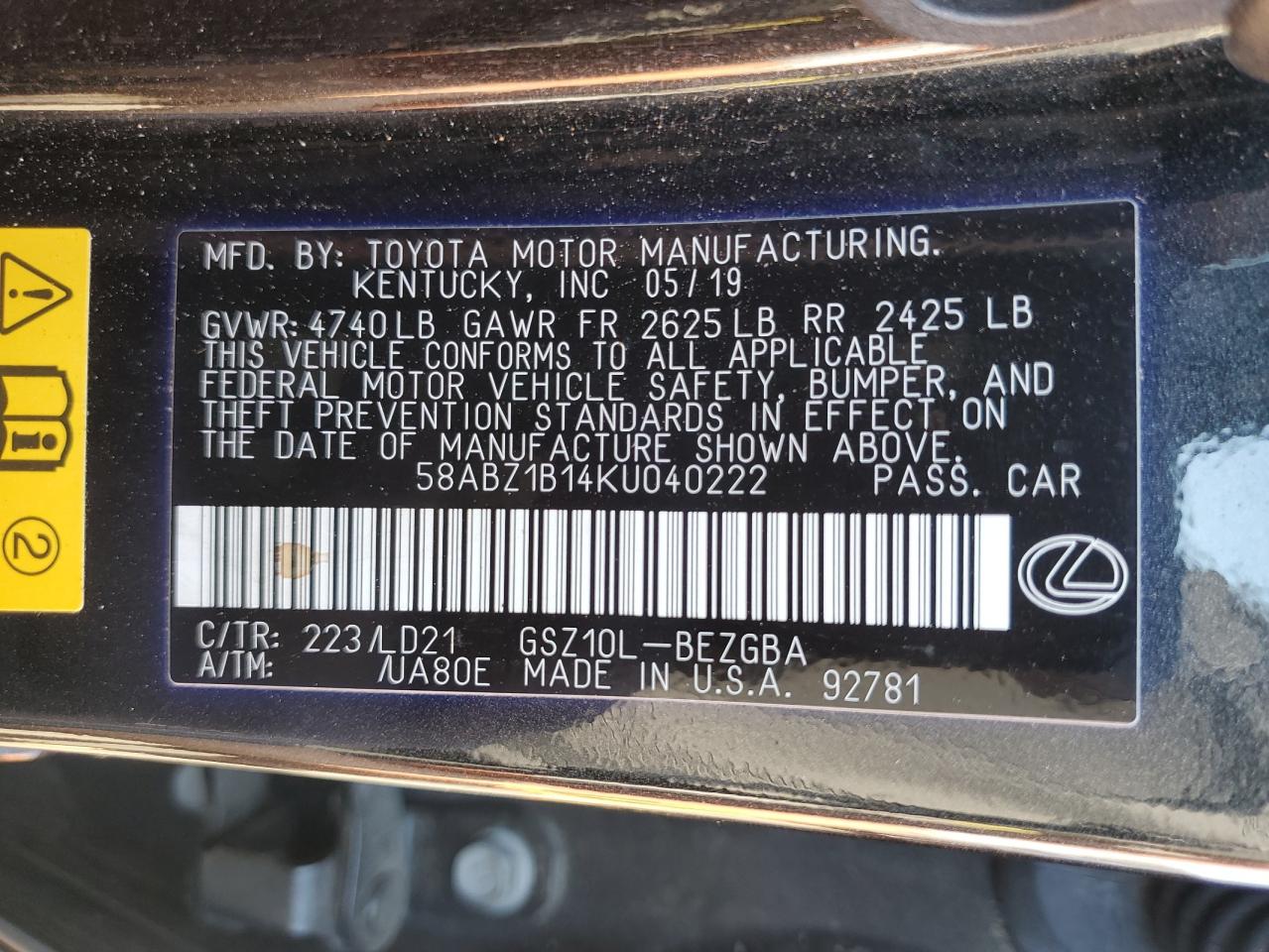 2019 Lexus Es 350 VIN: 58ABZ1B14KU040222 Lot: 71201715