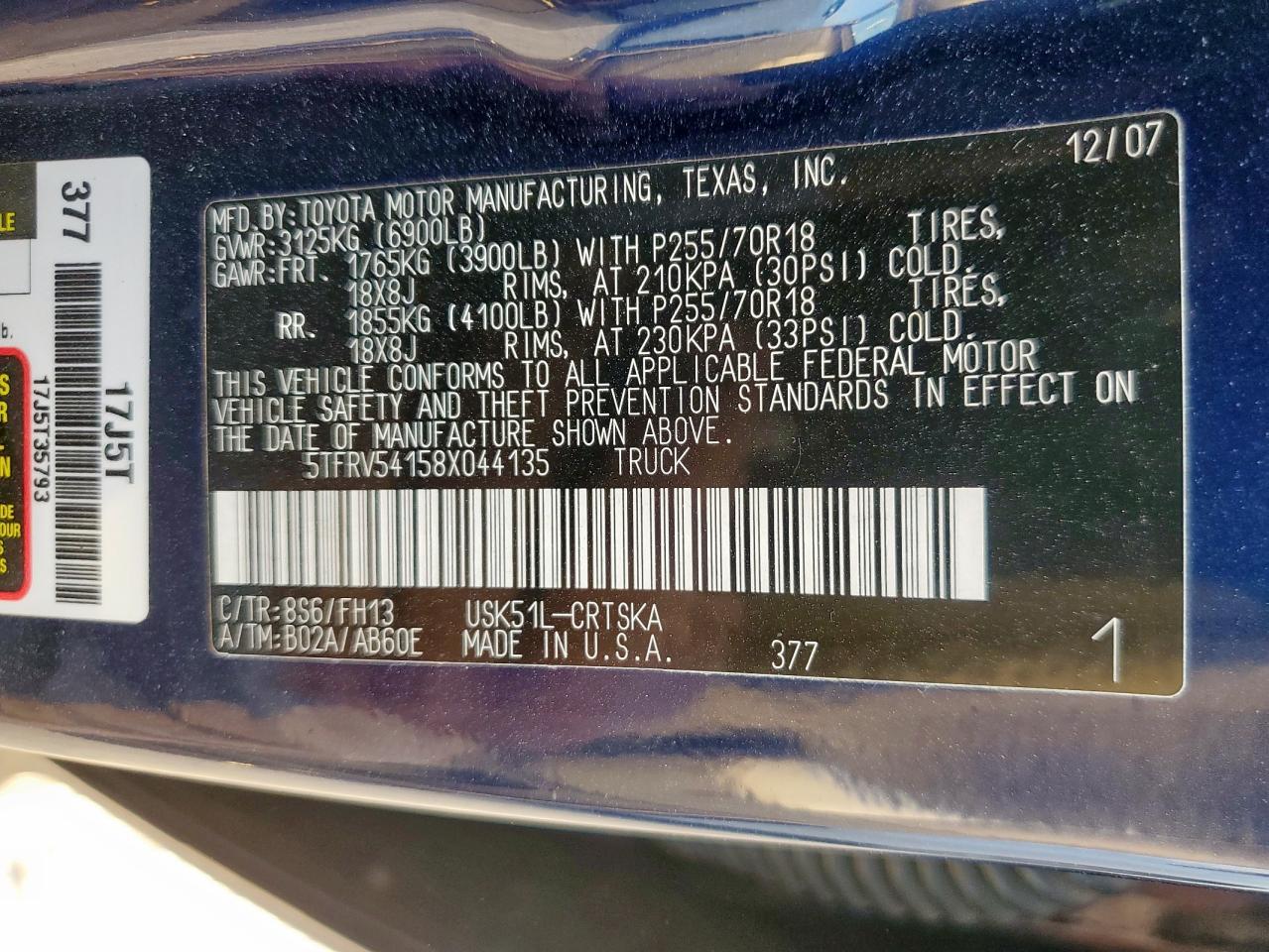 2008 Toyota Tundra Double Cab VIN: 5TFRV54158X044135 Lot: 81318335