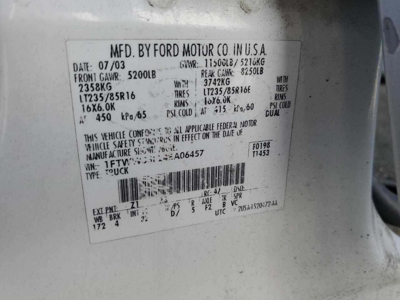 2004 Ford F350 Super Duty VIN: 1FTWW33P24EA06457 Lot: 71880715