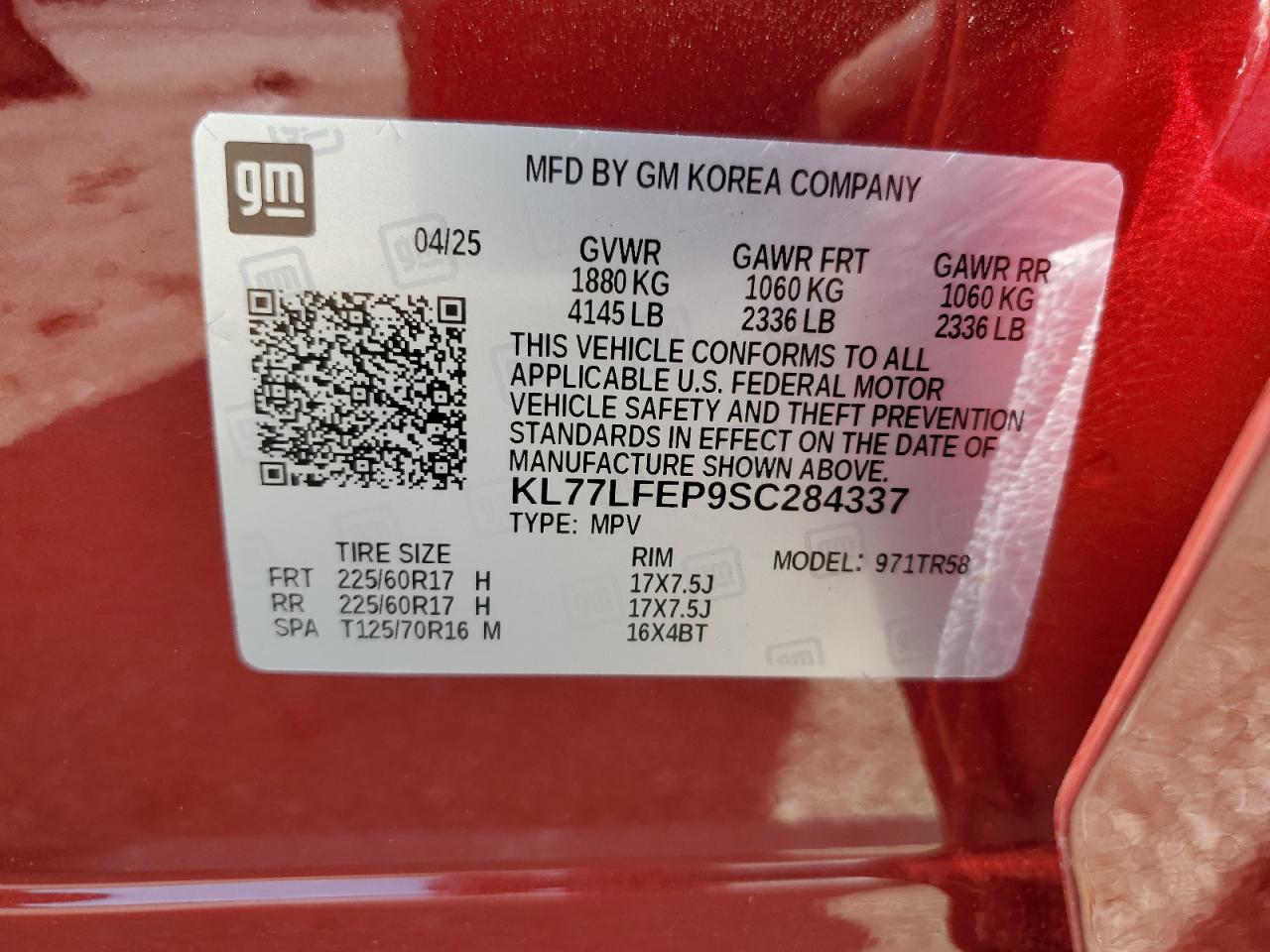 2025 Chevrolet Trax Ls VIN: KL77LFEP9SC284337 Lot: 70190365