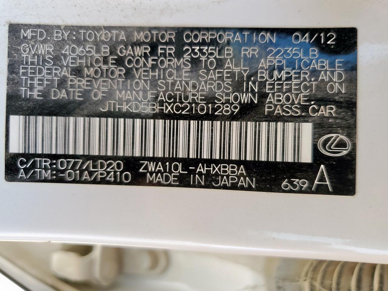 2012 Lexus Ct 200 VIN: JTHKD5BHXC2101289 Lot: 80086405