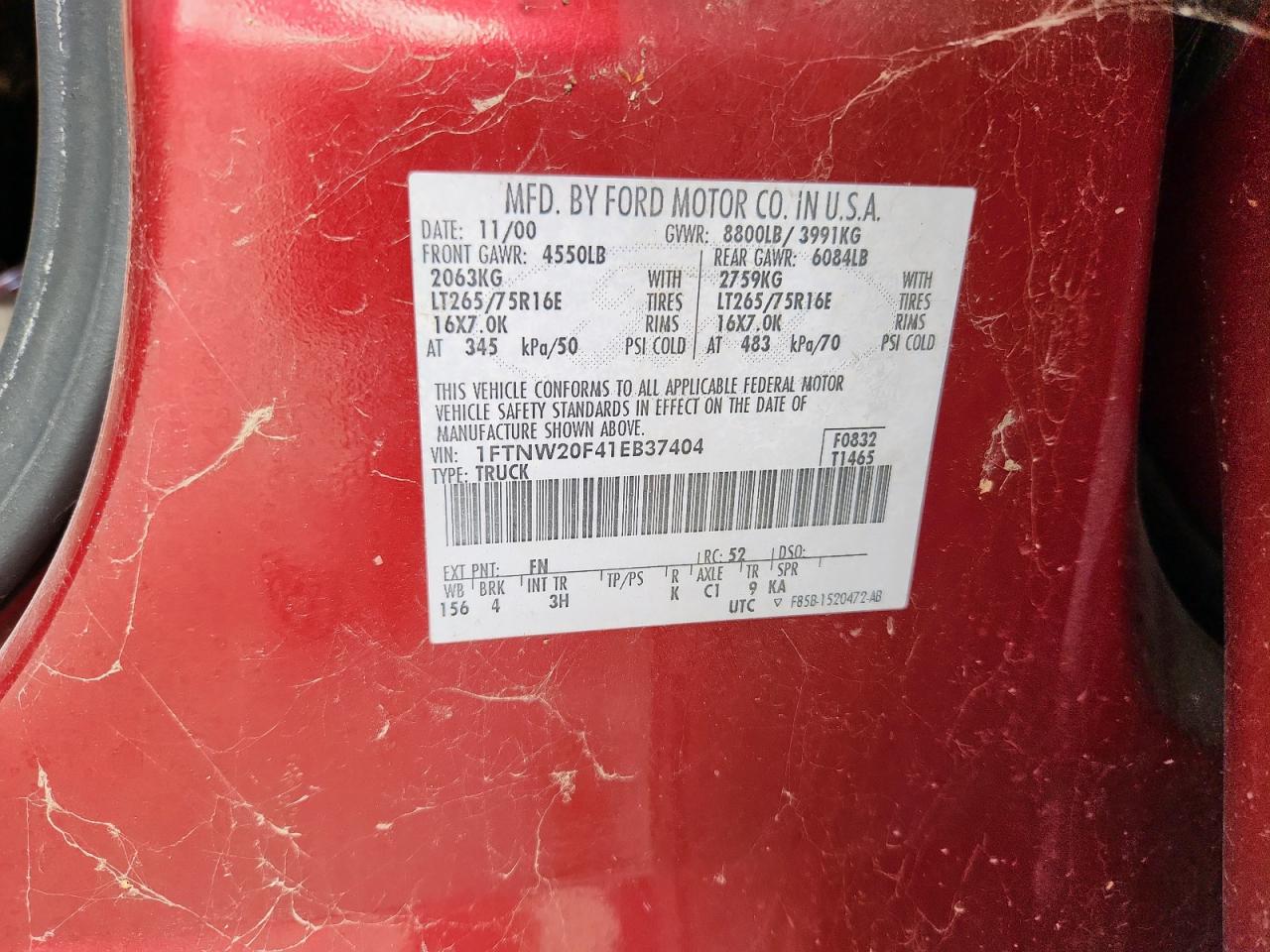 2001 Ford F250 Super Duty VIN: 1FTNW20F41EB37404 Lot: 81208345