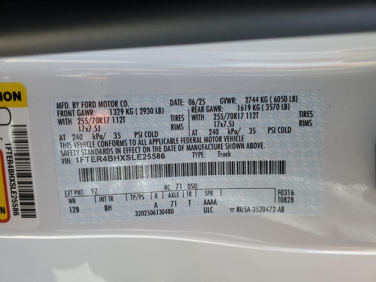 2025 Ford Ranger Xl VIN: 1FTER4BHXSLE25586 Lot: 80157325