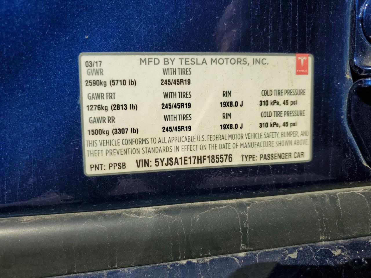 2017 Tesla Model S VIN: 5YJSA1E17HF185576 Lot: 71558445