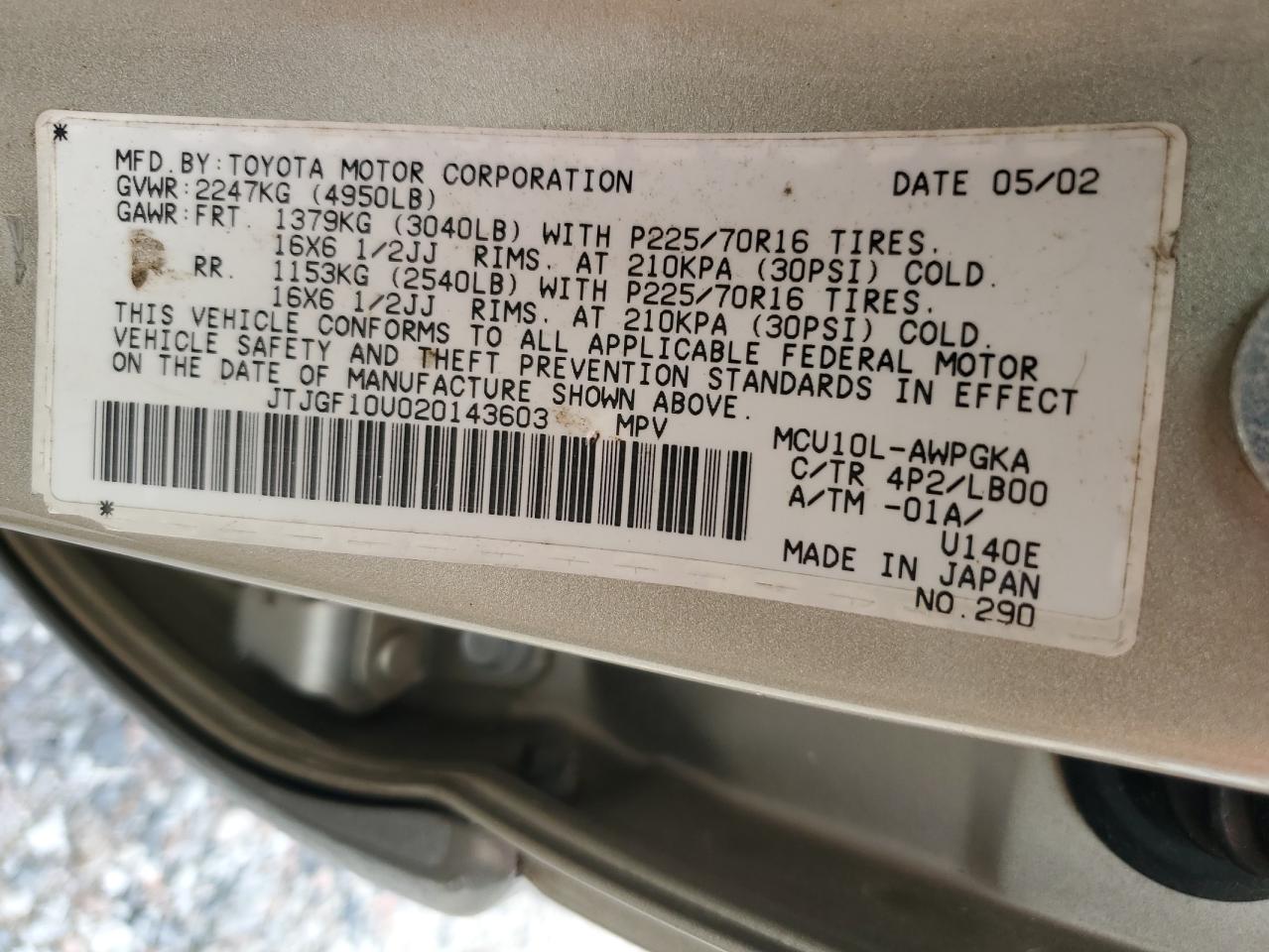 2002 Lexus Rx 300 VIN: JTJGF10U020143603 Lot: 71621335