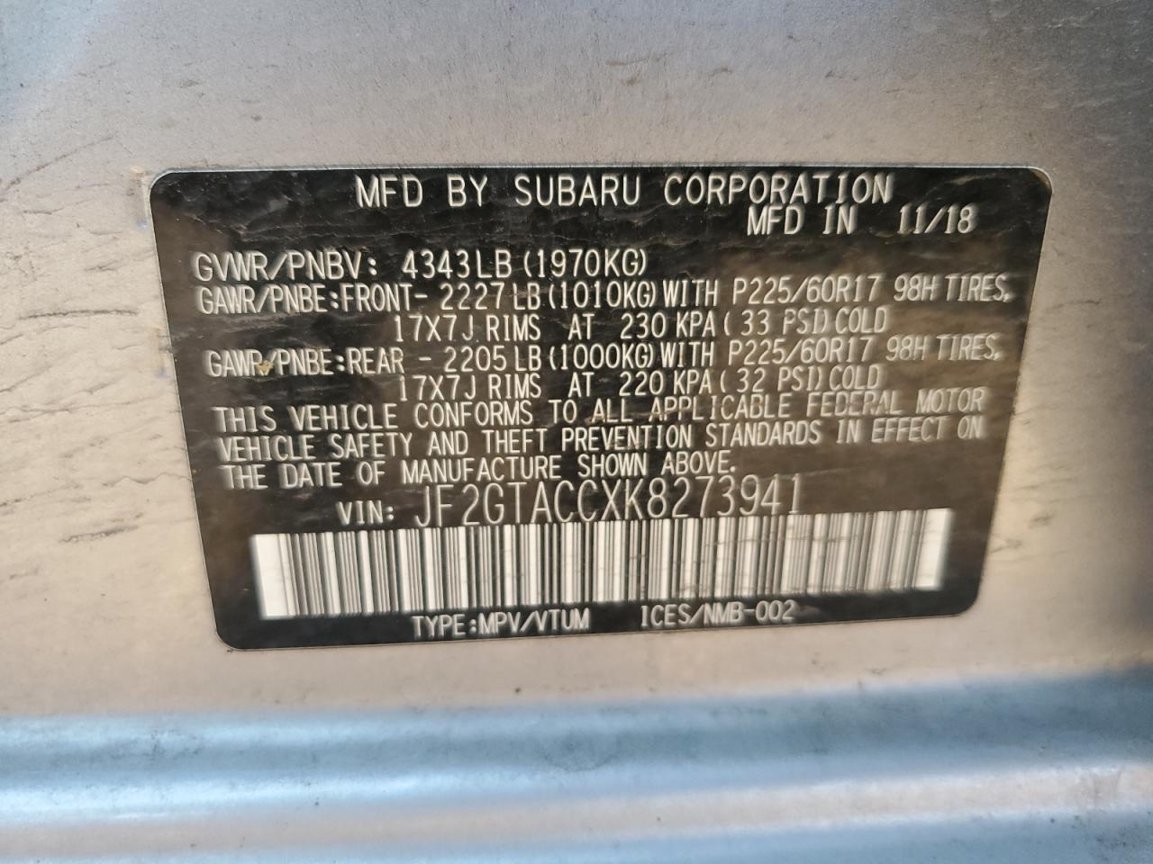 2019 Subaru Crosstrek Premium VIN: JF2GTACCXK8273941 Lot: 81521975