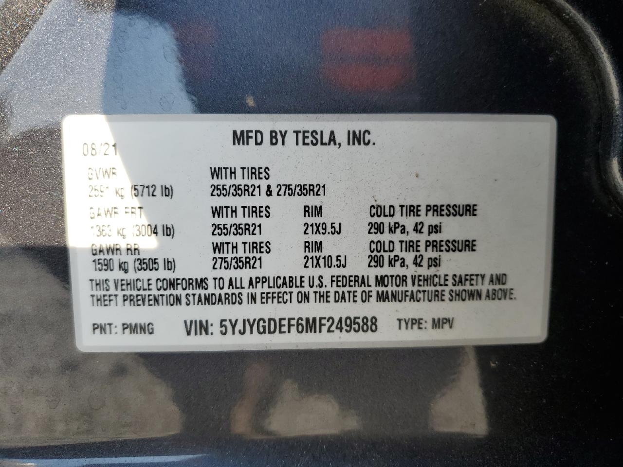 2021 Tesla Model Y VIN: 5YJYGDEF6MF249588 Lot: 81545595