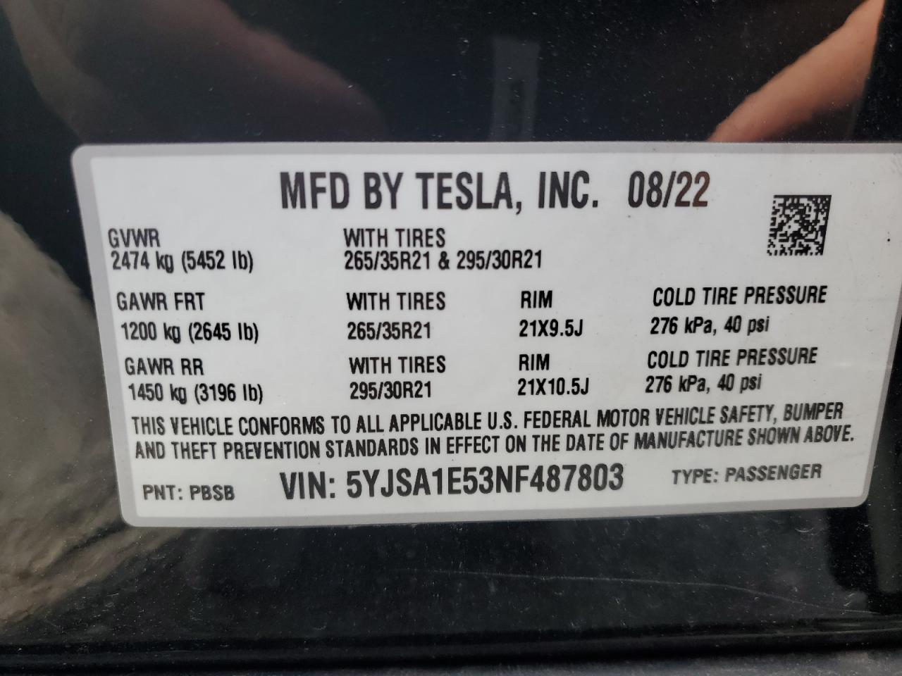 2022 Tesla Model S VIN: 5YJSA1E53NF487803 Lot: 81636995