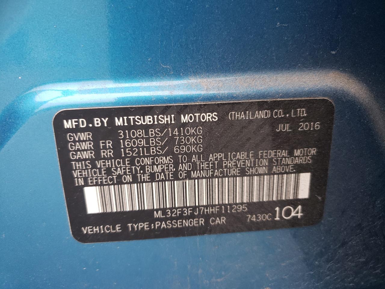 2017 Mitsubishi Mirage G4 Es VIN: ML32F3FJ7HHF11295 Lot: 80153505