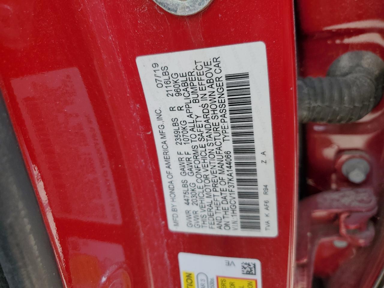 2019 Honda Accord Sport VIN: 1HGCV1F37KA144066 Lot: 82017945