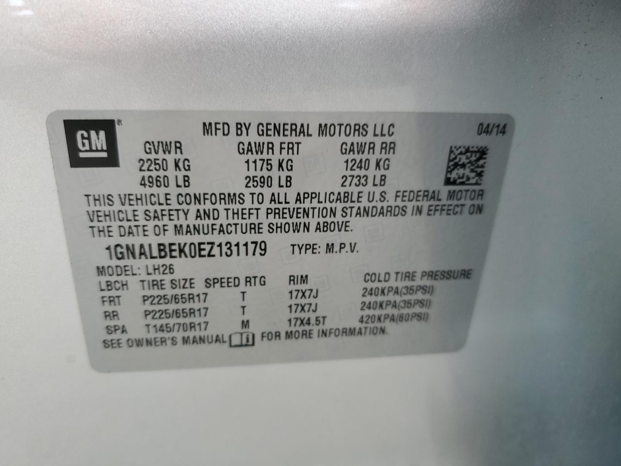 2014 Chevrolet Equinox Lt VIN: 1GNALBEK0EZ131179 Lot: 81898625