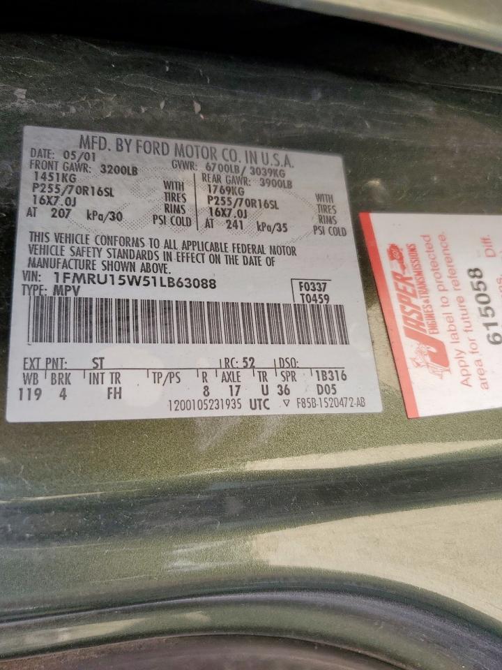 2001 Ford Expedition Xlt VIN: 1FMRU15W51LB63088 Lot: 84881255