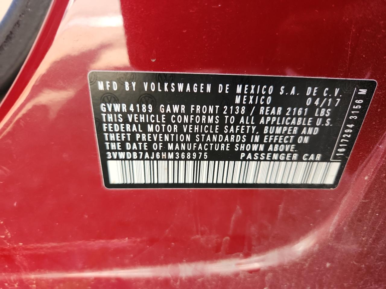 2017 Volkswagen Jetta Se VIN: 3VWDB7AJ6HM368975 Lot: 83964495