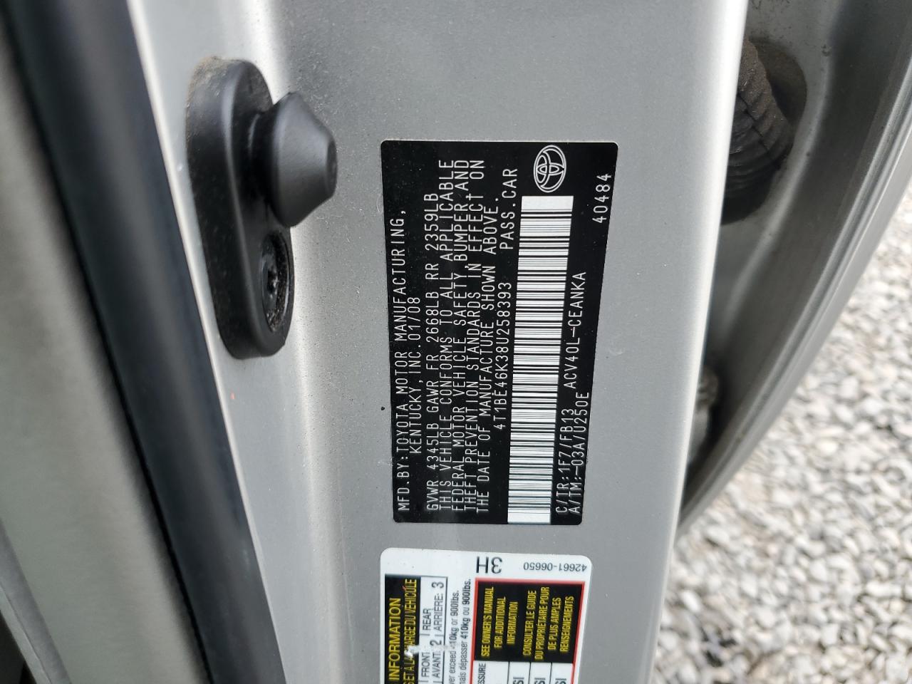 2008 Toyota Camry Ce VIN: 4T1BE46K38U258393 Lot: 83952385