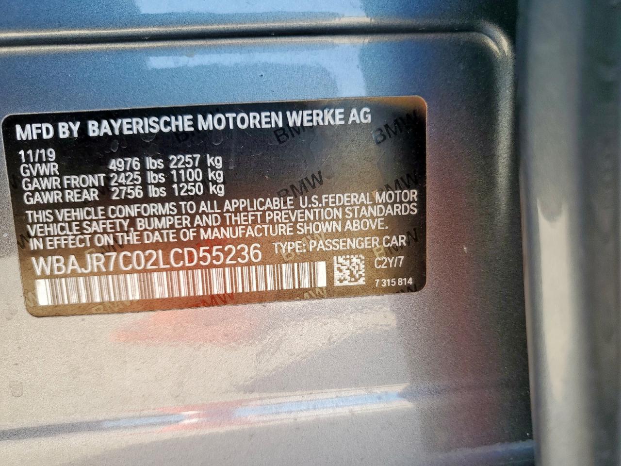 2020 BMW 530 Xi VIN: WBAJR7C02LCD55236 Lot: 80064885