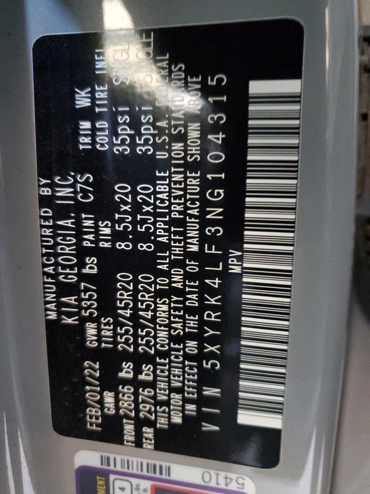 2022 Kia Sorento Sx VIN: 5XYRK4LF3NG104315 Lot: 81730075