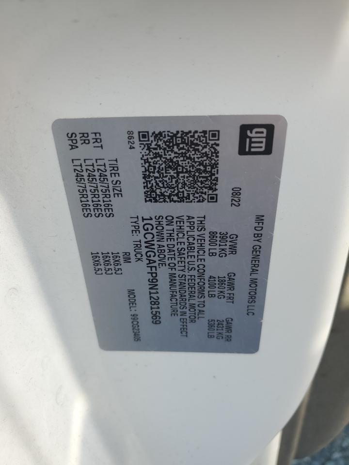 2022 Chevrolet Express G2500 VIN: 1GCWGAFP9N1281569 Lot: 72043465