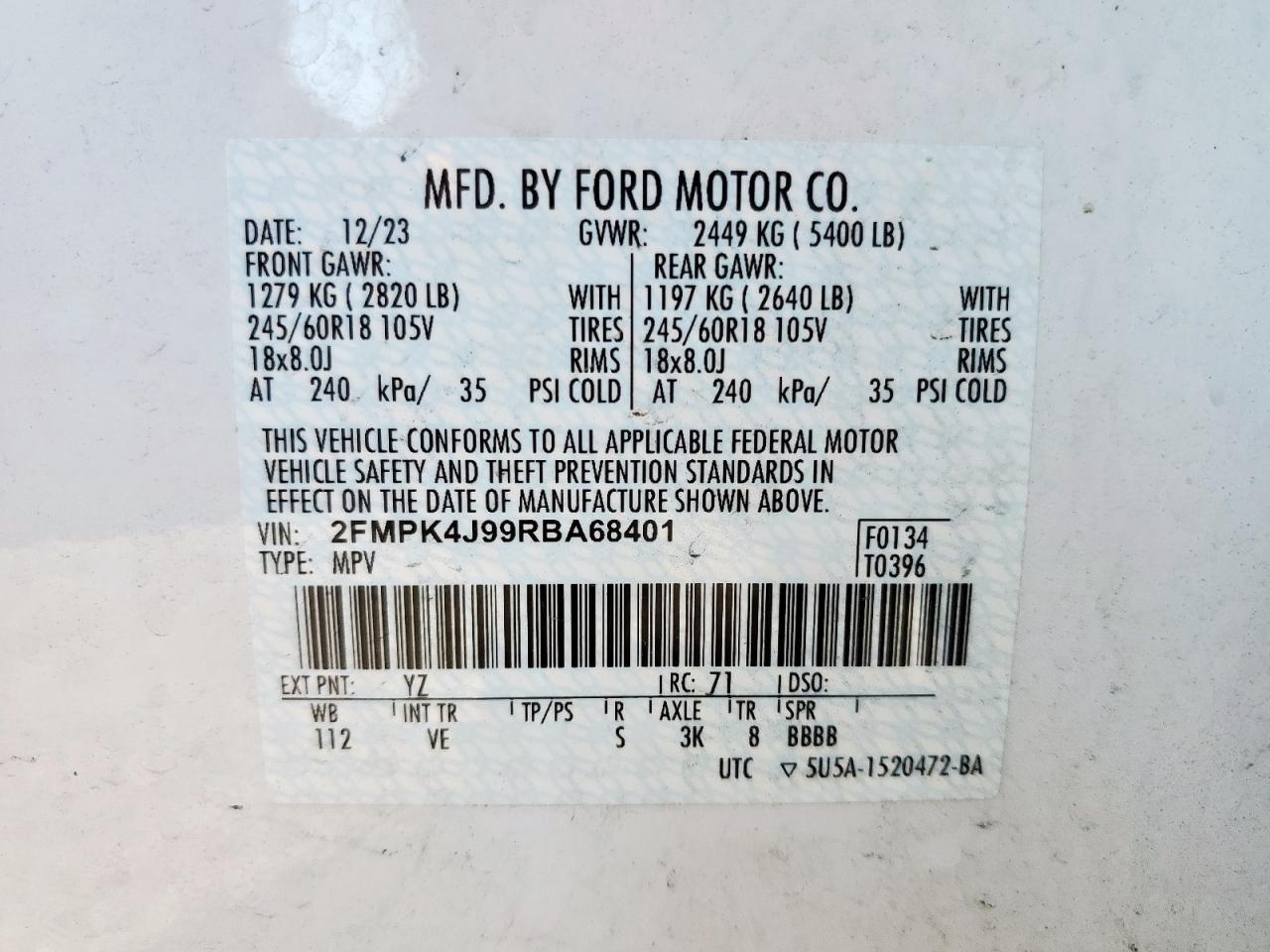 2024 Ford Edge Sel VIN: 2FMPK4J99RBA68401 Lot: 71032995