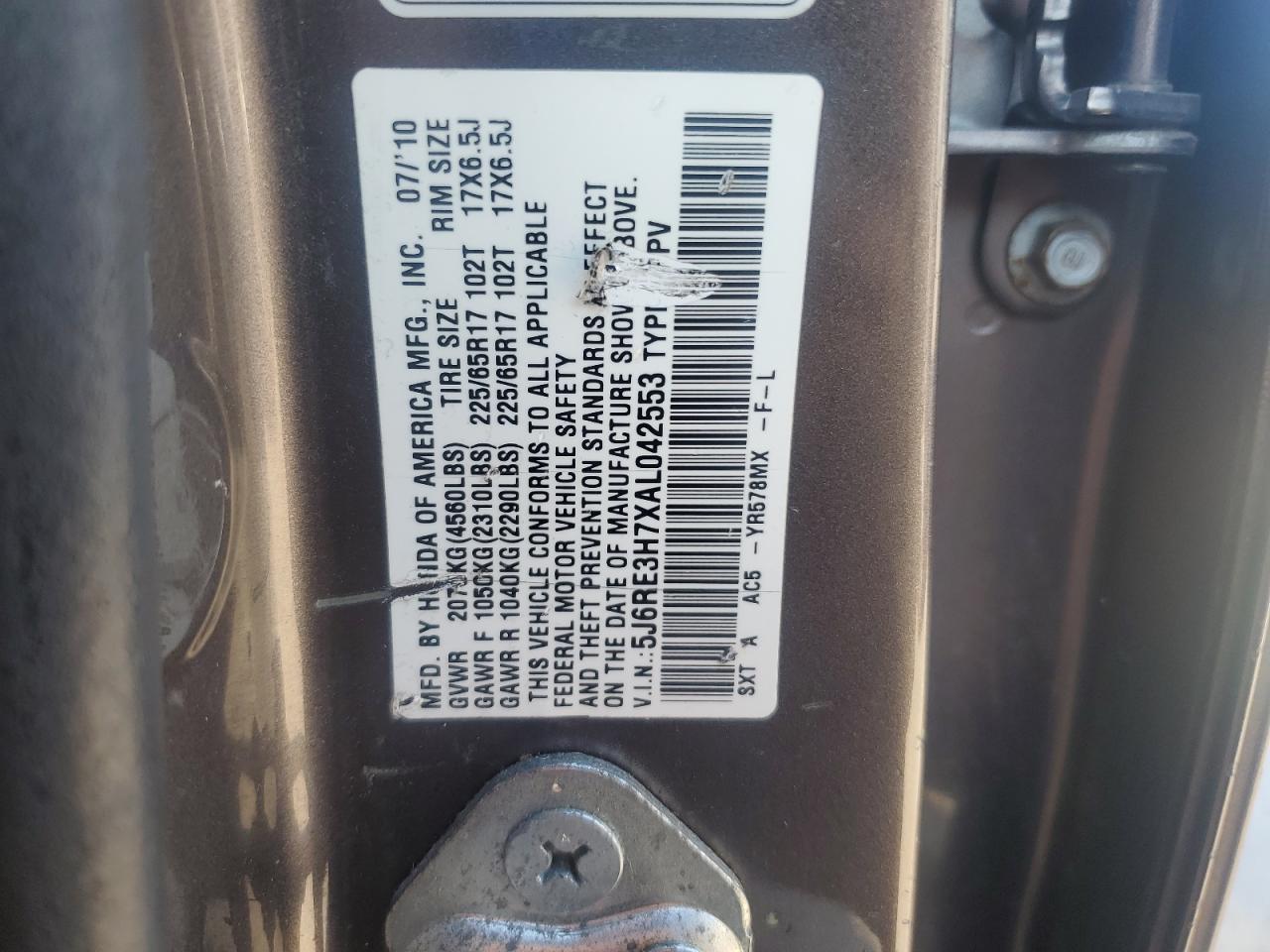 2010 Honda Cr-V Exl VIN: 5J6RE3H7XAL042553 Lot: 80367495