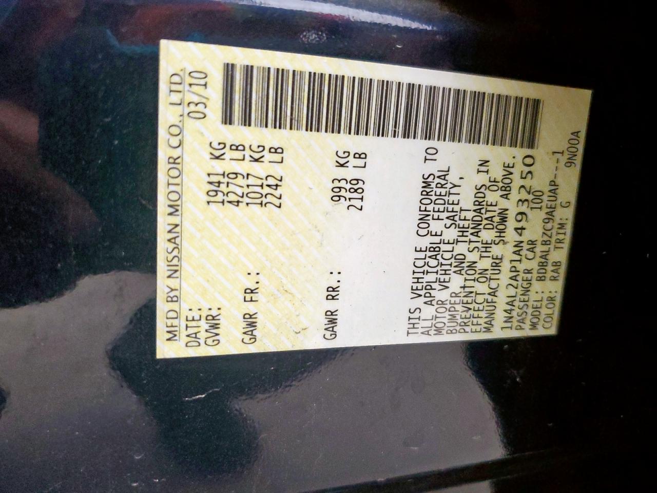 2010 Nissan Altima Base VIN: 1N4AL2AP1AN493250 Lot: 83934235